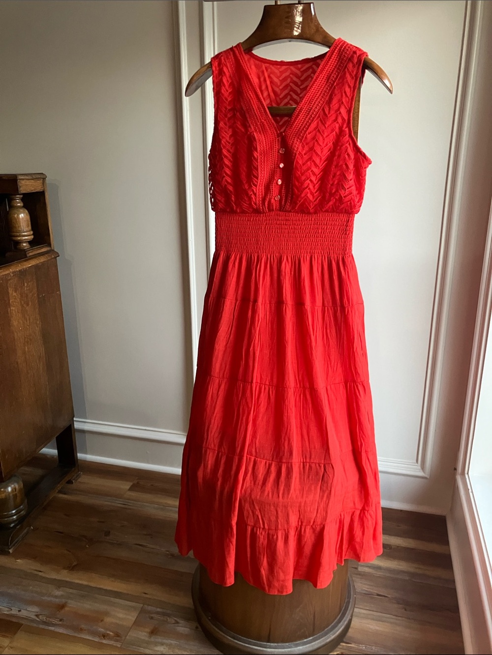 Sleeveless Red Smocked-Waist Maxi Dress